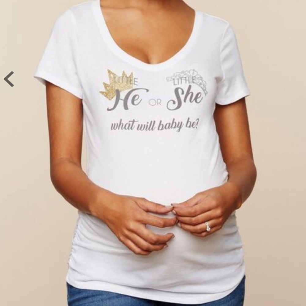 Maternity Gender Reveal He or She Top in White
